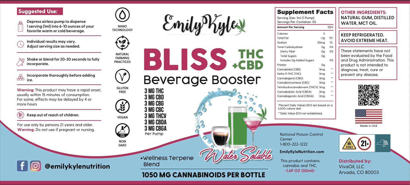 A picture of Emily Kyles Bliss beverage booster label.