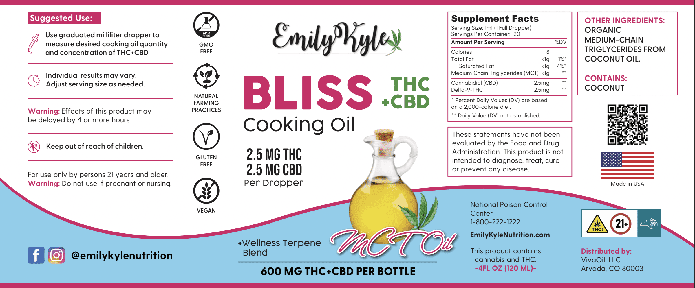 A picture of Emily Kyles Bliss cooking oil label.