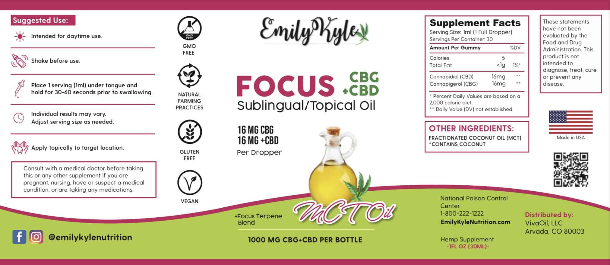 A picture of Emily Kyle's CBG focus oil label.
