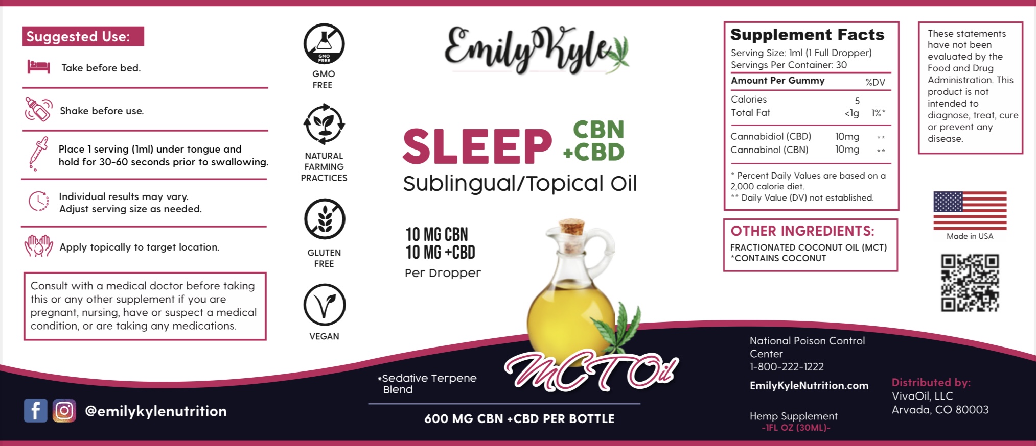 A picture of Emily Kyles CBN sleep oil label.