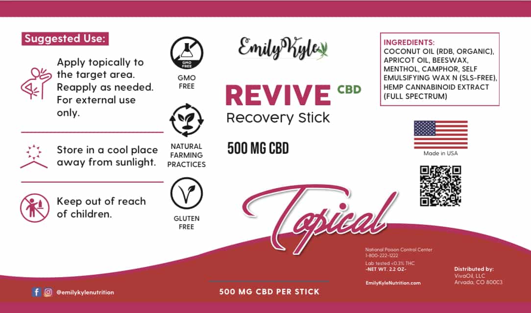 A picture of the label for Emily Kyles CBD Revive Recovery Stick. 