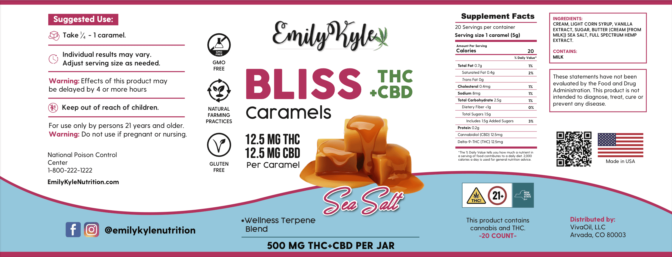 A picture of the label for Emily Kyle's Bliss Caramels. 