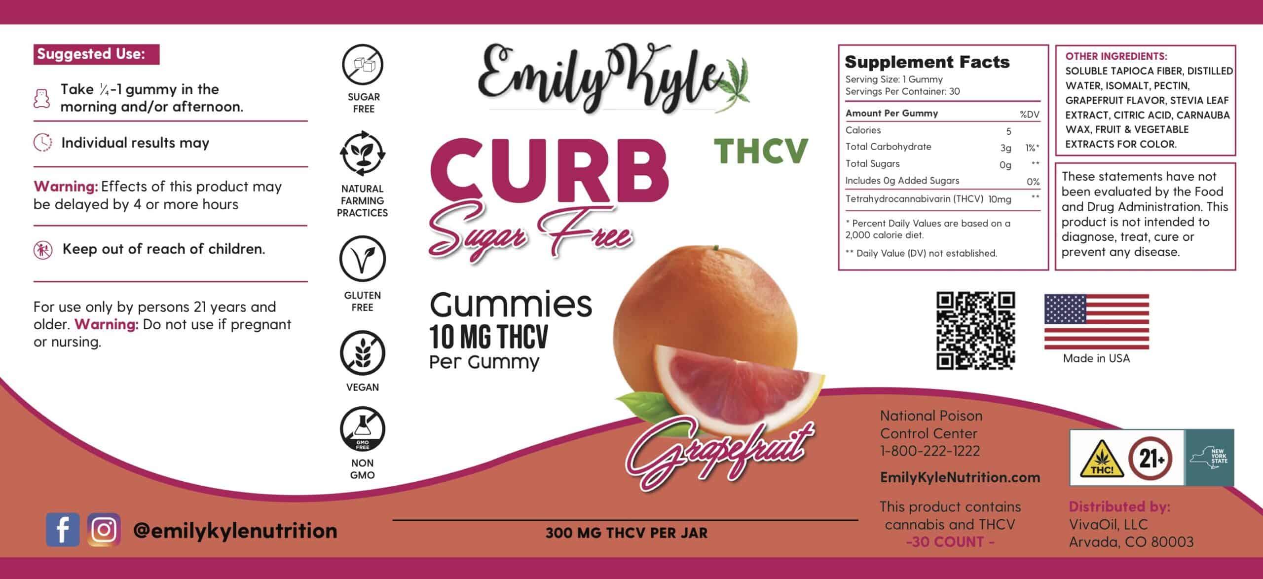 A picture of the label for Emily Kyles THCV Curb Sugar-Free Gummies